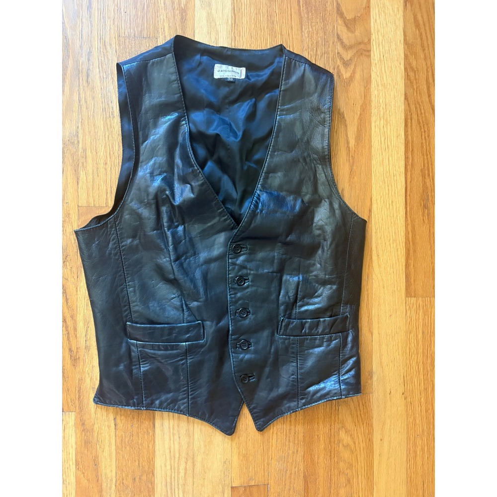 Vintage J. Riggins Mens Black Leather Vest Waistcoat Size 38 Cinch Back 5-Button